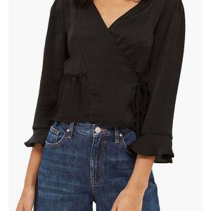 Top Shop Black Satin Tie Warp Blouse Versatile Freya size xs